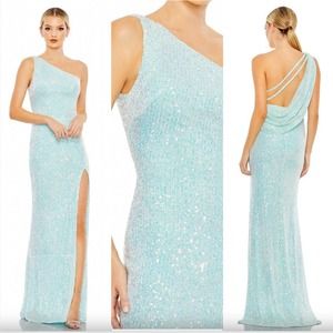 NEW $398 IEENA MAC DUGGAL Sequined One Shoulder Draped Back Formal Gown